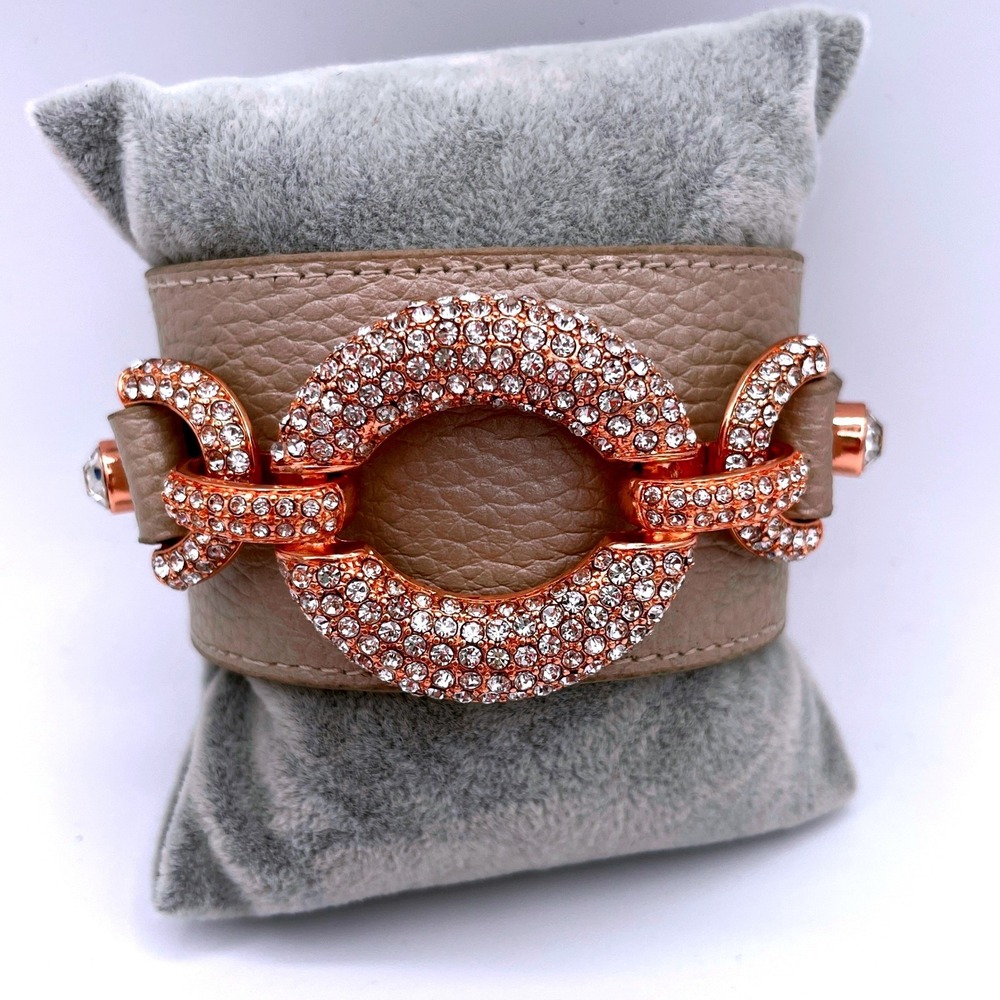 Pave Link Leather Women OS Adjustable Snap Bracelet Rose Gold Taupe